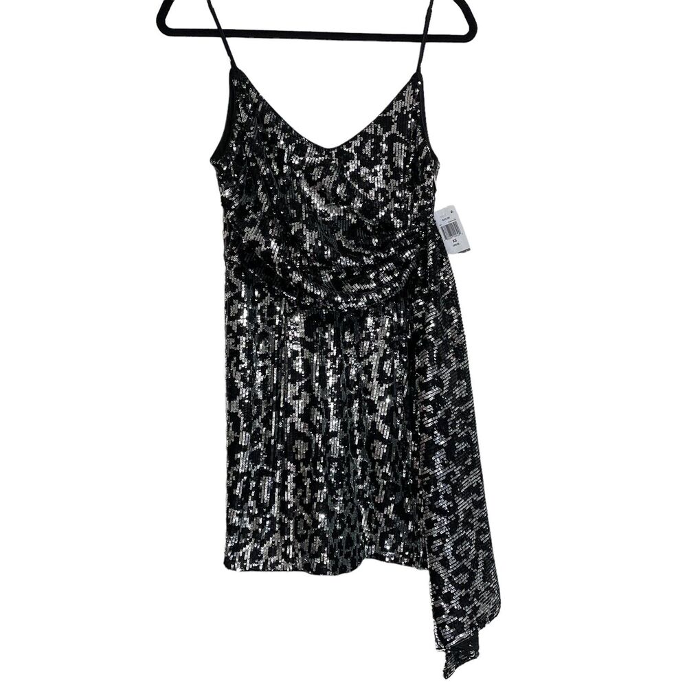 Saylor Mini Slip Dress Aidy Black Silver Sequin Animal Print Womens XS NWT